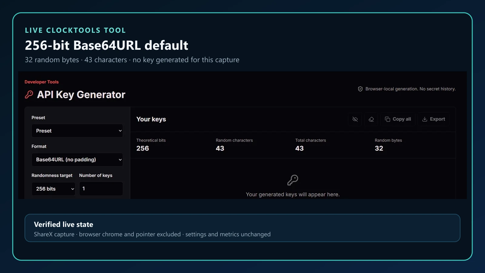 ClockTools API Key Generator set to a 256-bit Base64URL key with 43 characters and 32 random bytes