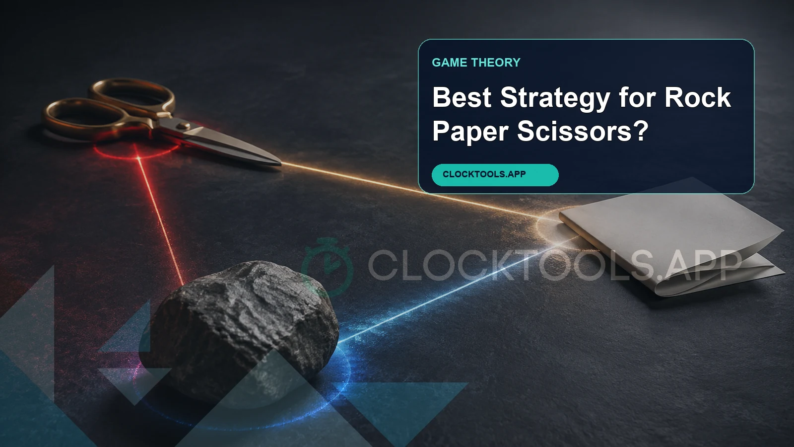 Rock, paper, and scissors arranged as a balanced strategic triangle