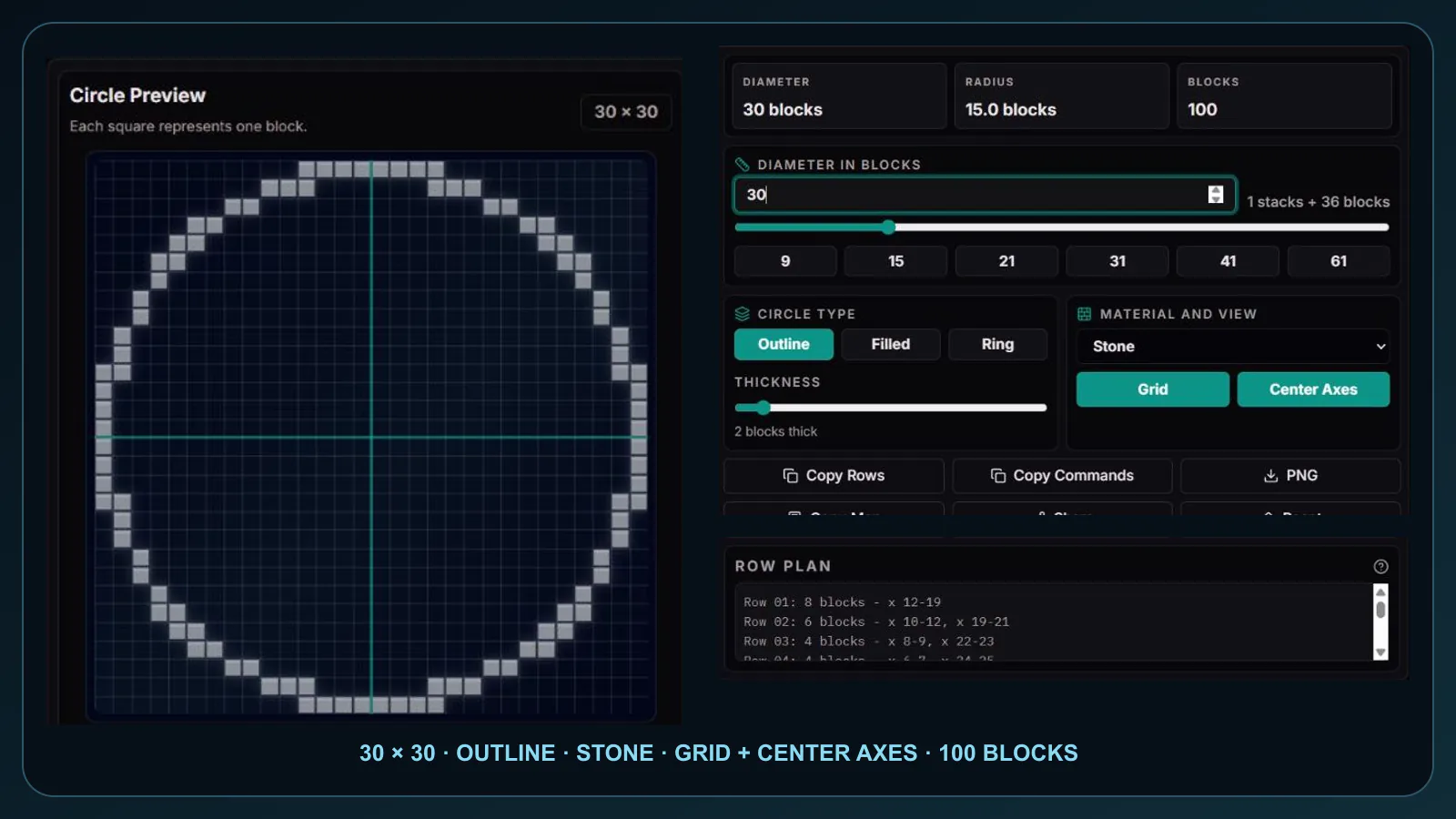 ClockTools Minecraft Gerador de círculo mostrando um contorno 30×30 verificado, contagem de blocos 100 e plano de linha
