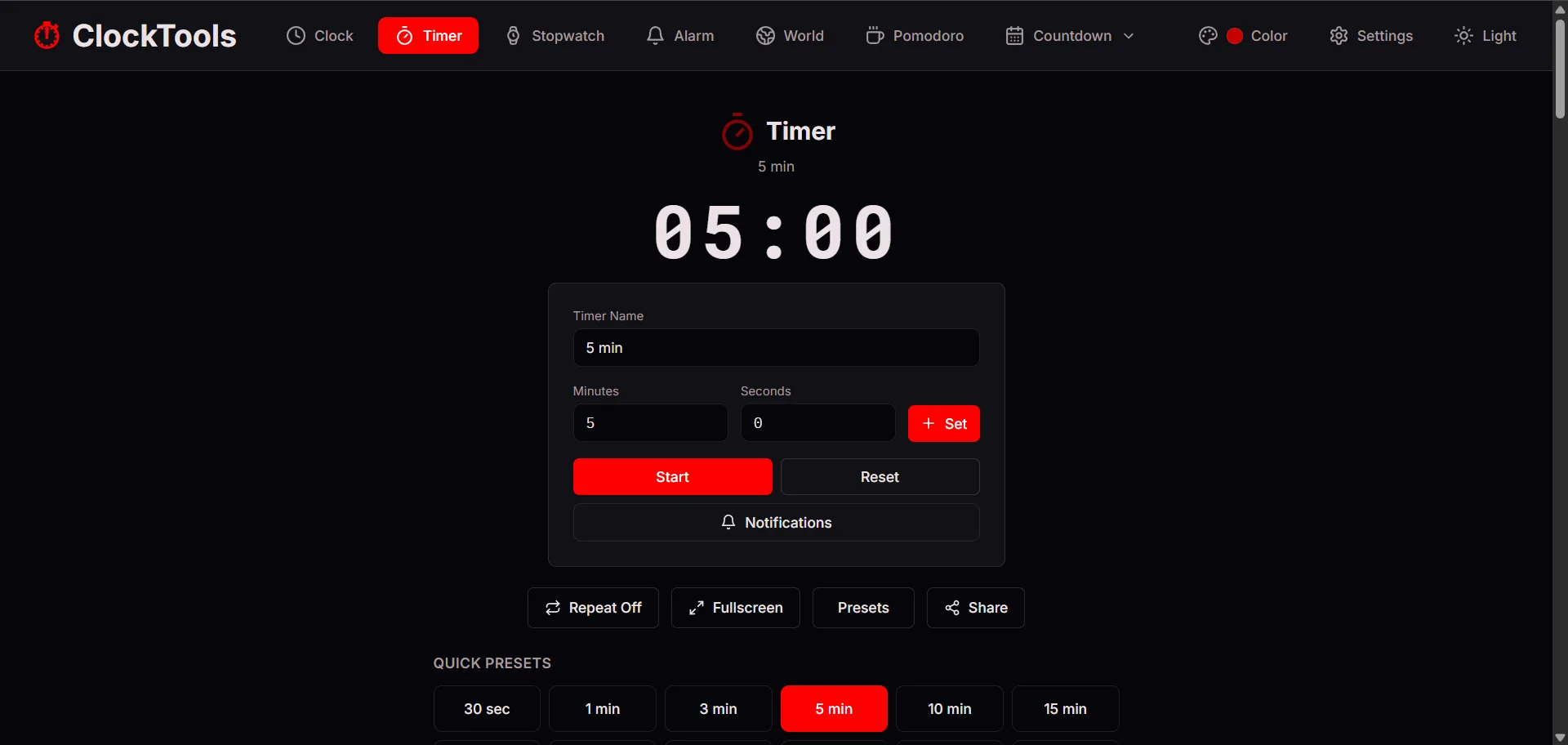 Minuterie ClockTools préparée à cinq minutes avec champs personnalisés, commandes Démarrer, Réinitialiser, Notifications, Répéter, Plein écran, Préréglages et Partager