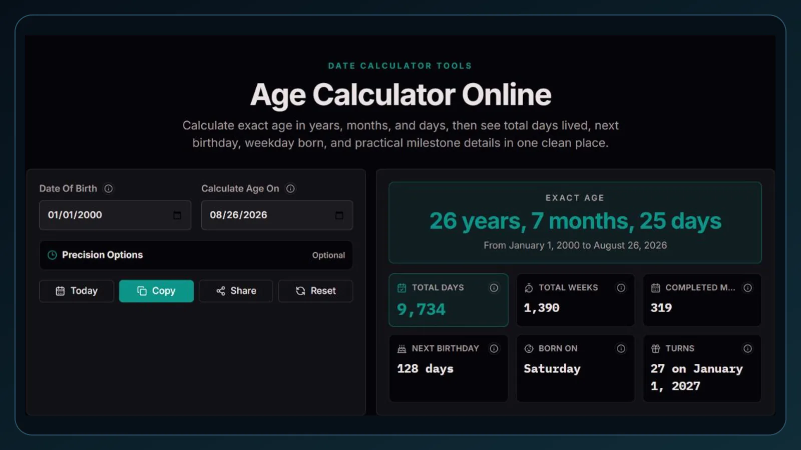 ClockTools Пример калькулятора возраста, показывающий результат достижения полного возраста и дату будущего дня рождения.