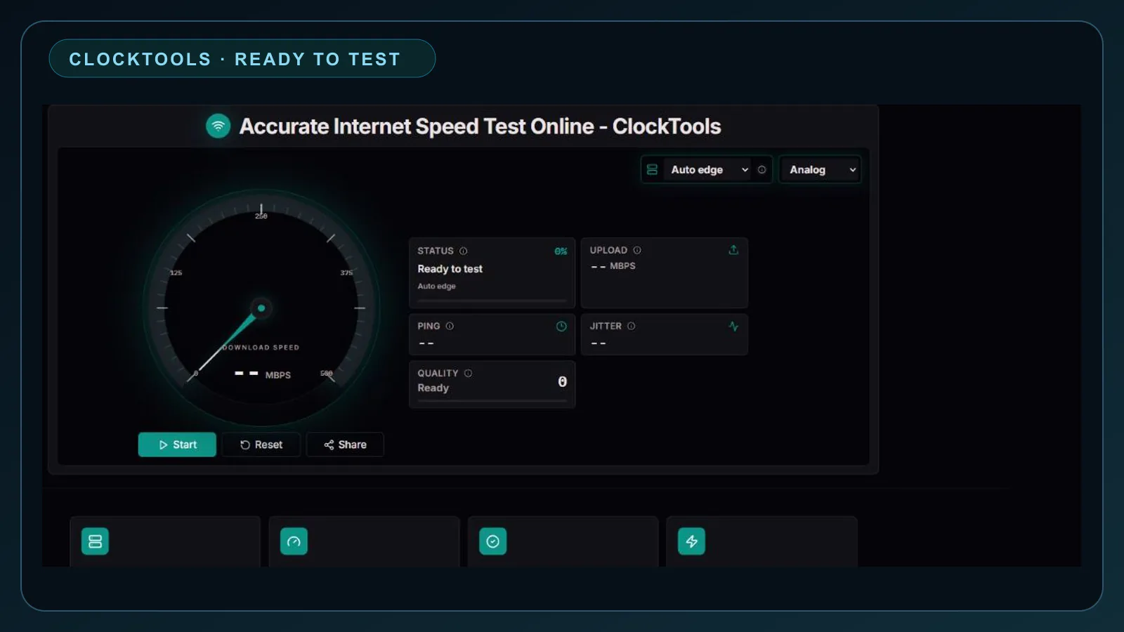 ClockTools Bereitbildschirm für den Internet-Geschwindigkeitstest vor Beginn eines Tests, ohne dass Verbindungsergebnisse oder persönliche Netzwerkdetails angezeigt werden