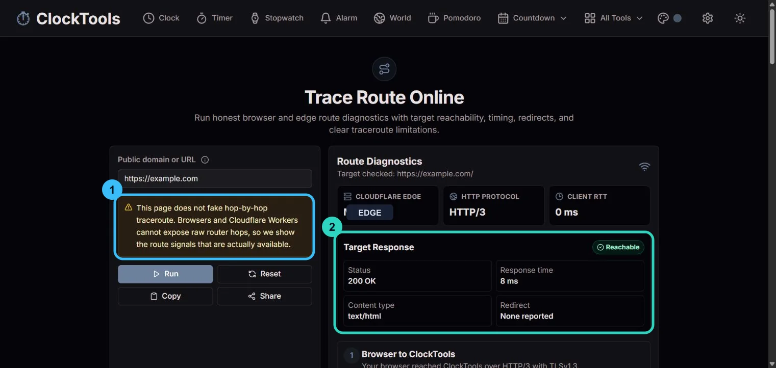 ClockTools Diagnostica Trace Route utilizzando example.com, con la limitazione del hop e i pannelli di risposta del target evidenziati