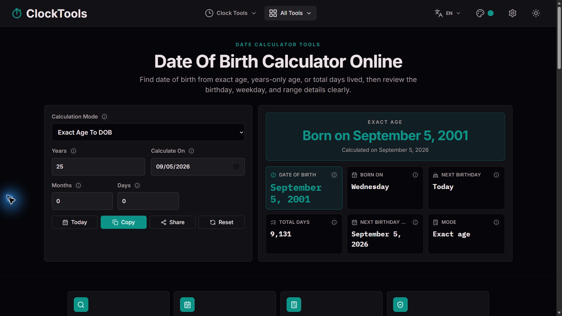 ClockTools Date Of Birth Calculator showing a fixed-date exact-age result