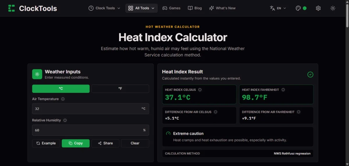 ClockTools Hitzeindex-Rechner mit 32 °C und 60 % Luftfeuchtigkeit
