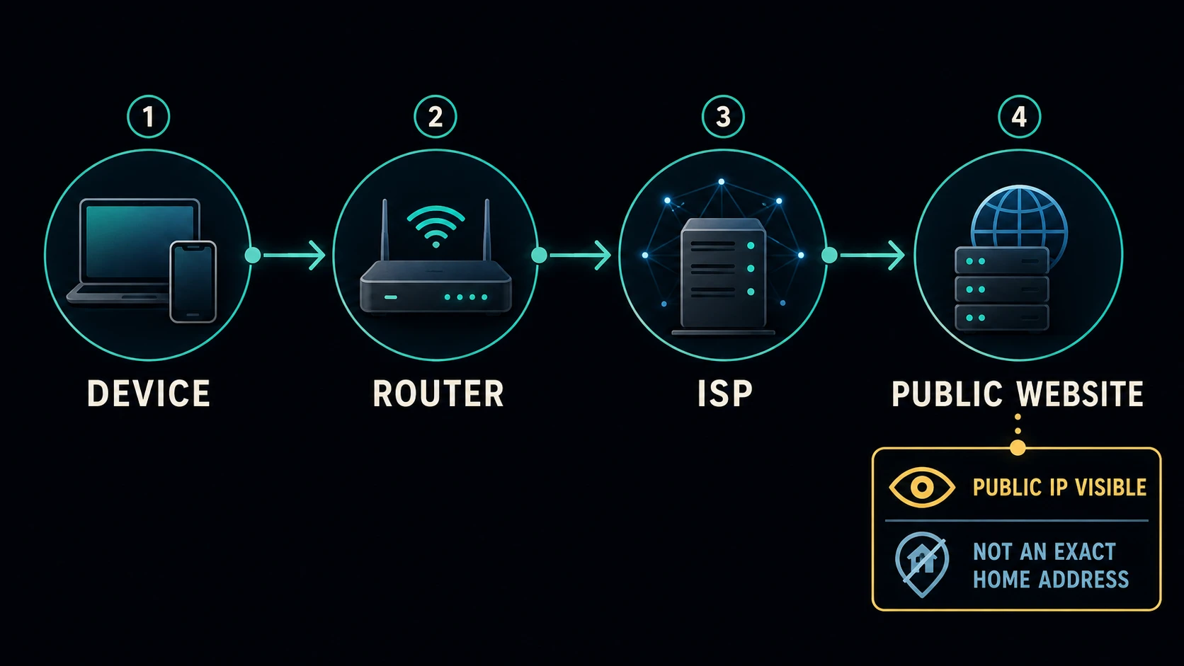 Percorso di una richiesta dal dispositivo a un sito web pubblico, passando per router e ISP: è visibile l'IP pubblico, non l'indirizzo esatto di casa