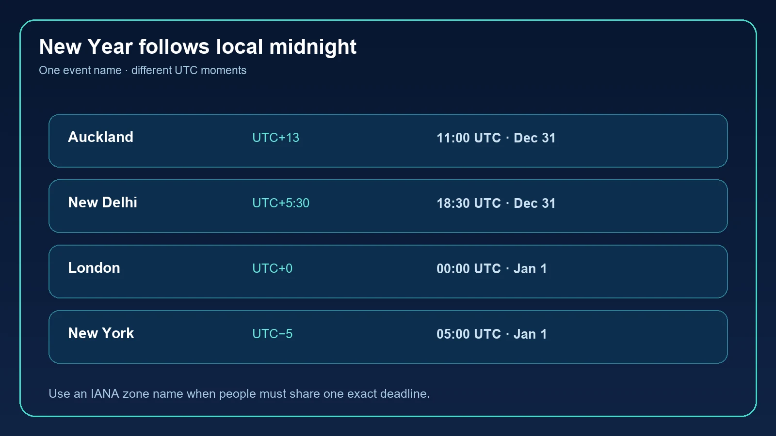 Timezone diagram showing that local midnight reaches 2027 at different moments
