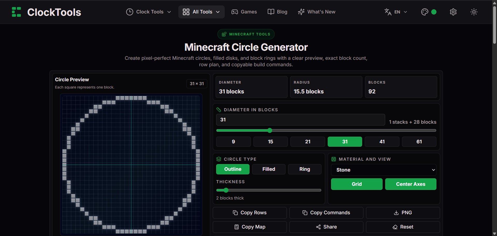 ClockTools Minecraft-cirkelgenerator in Outline-modus met een raster van 31 × 31 en 92 blokken
