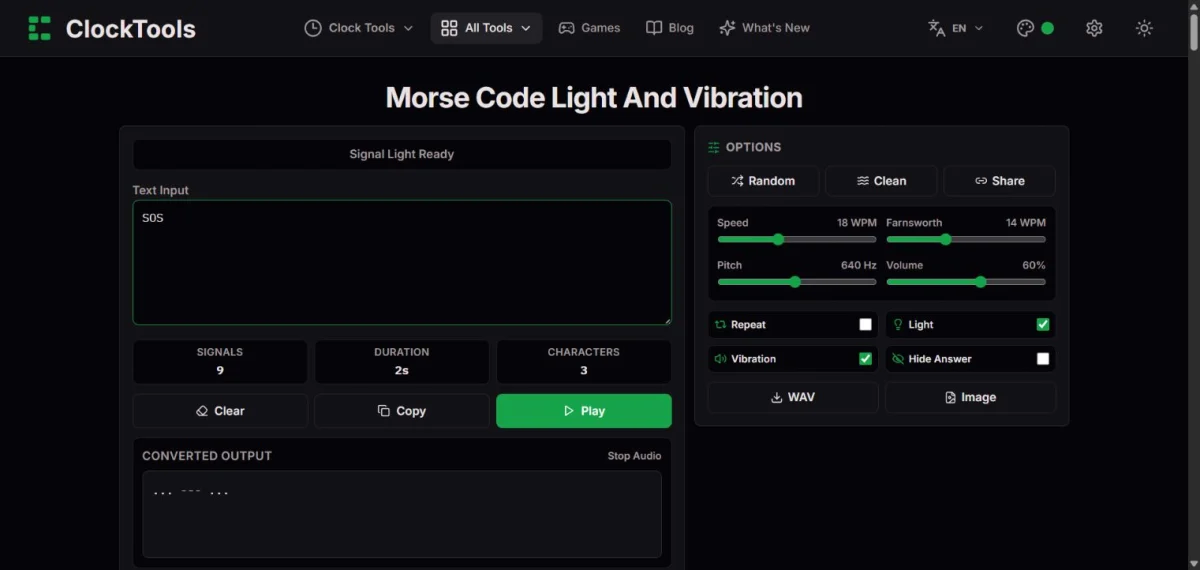 ClockTools Morse Code Light showing SOS converted to dots and dashes