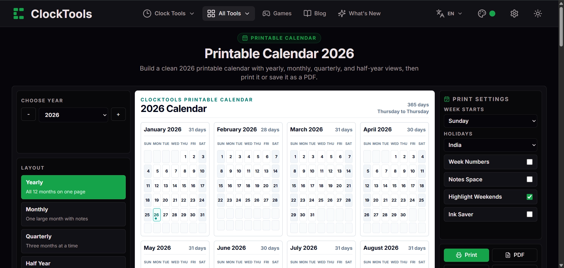 Afdrukbare jaarkalender 2026 van ClockTools met instellingen voor weekstart en feestdagen