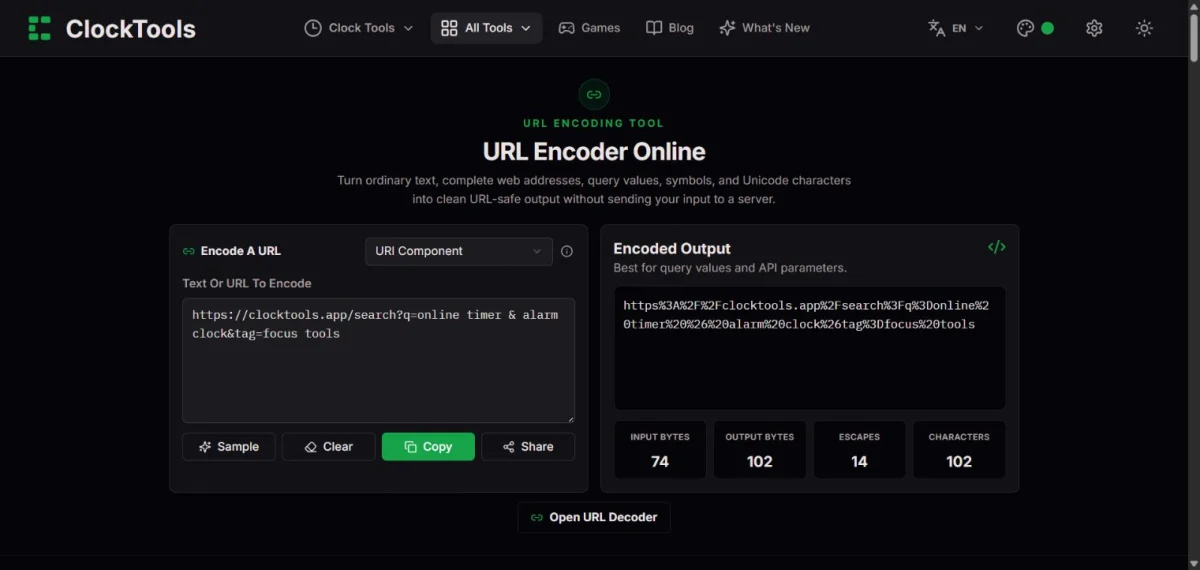 ClockTools URL Encoder with a query containing spaces and an ampersand