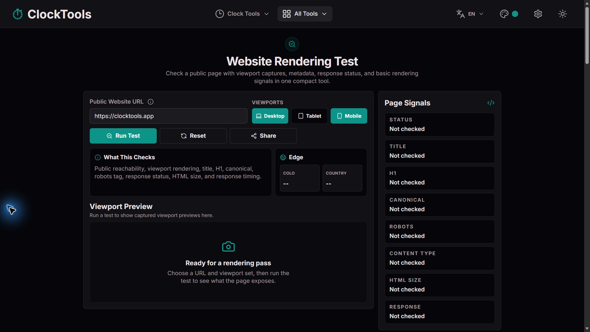 ClockTools Test de rendu de site Web avec les commandes de fenêtre d'affichage de bureau et mobile sélectionnées
