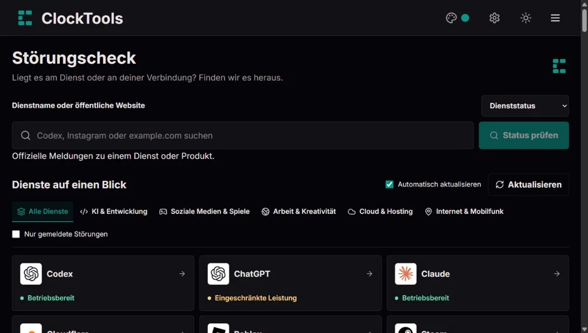 ClockTools Down Detector mit Dienstsuche, Aktualisierung und Karten beliebter Dienste
