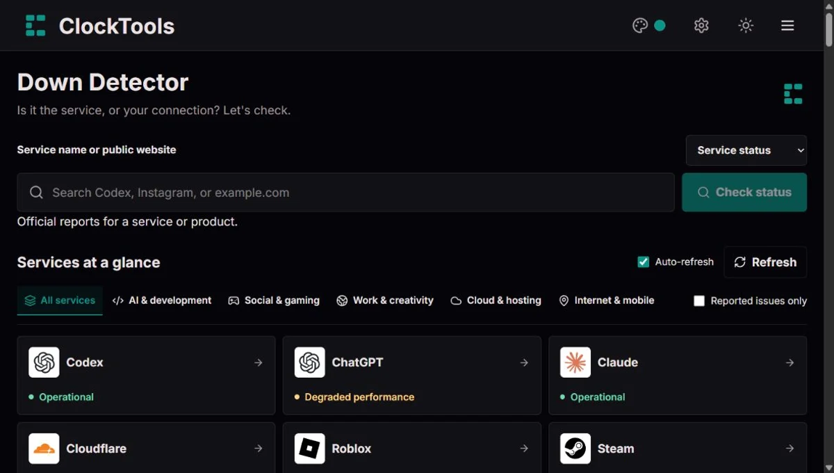 ClockTools Down Detector showing service search, refresh and popular service cards
