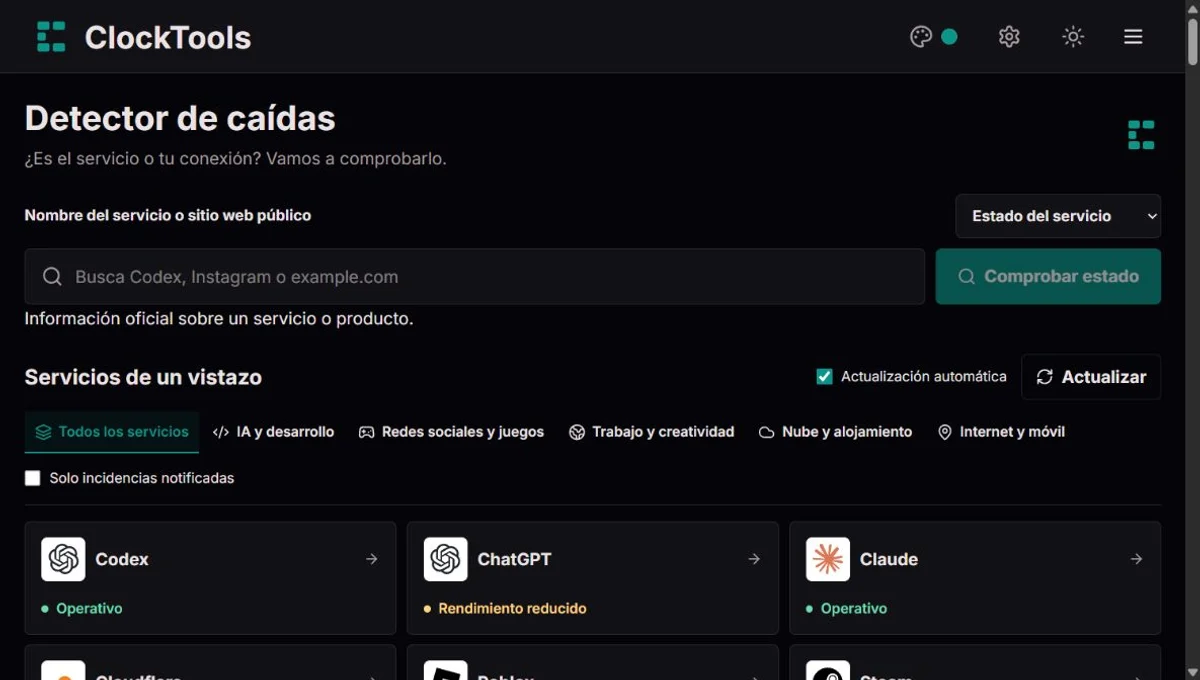 Down Detector de ClockTools con búsqueda de servicios, actualización y tarjetas de servicios populares