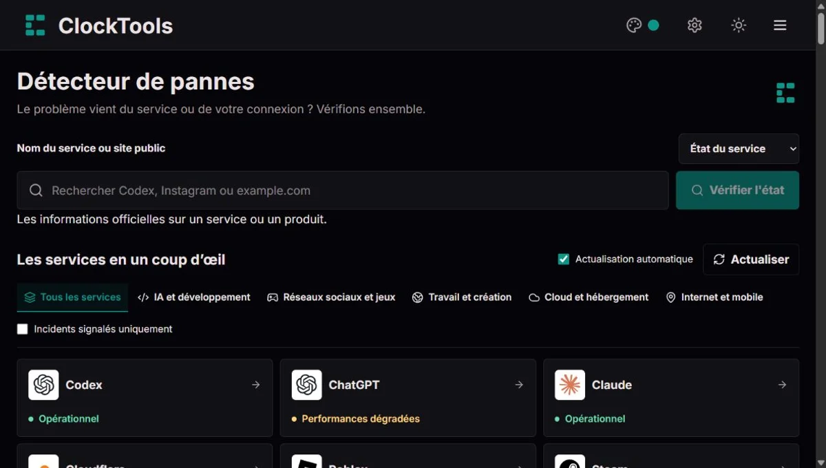 Down Detector de ClockTools avec recherche de service, actualisation et cartes des services populaires