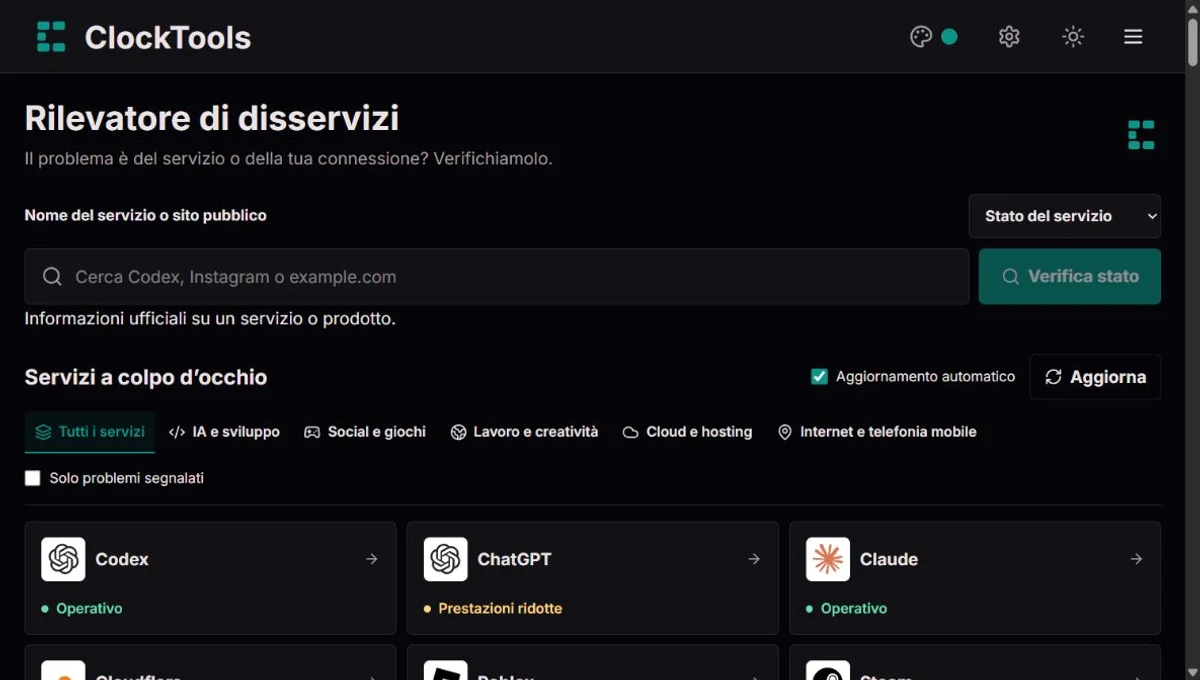 Down Detector di ClockTools con ricerca, aggiornamento e schede dei servizi più usati