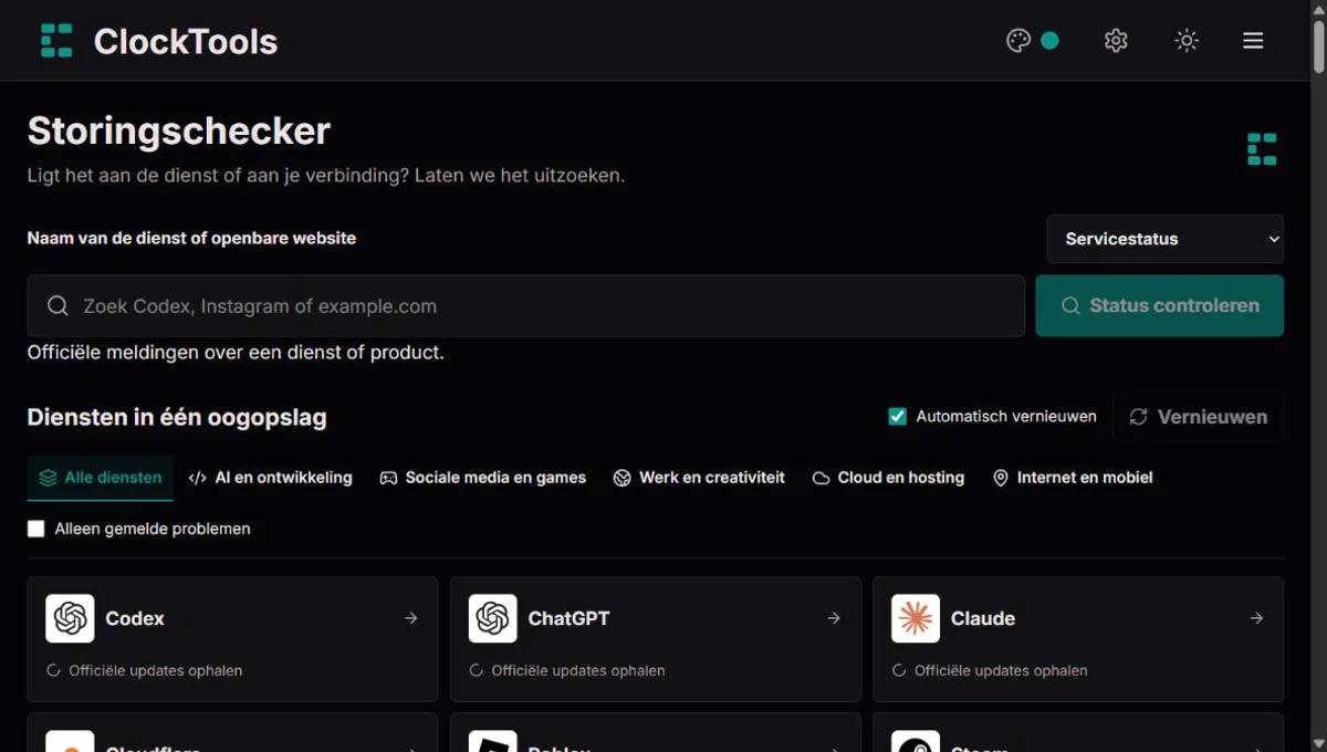 ClockTools Down Detector met dienstzoekfunctie, vernieuwen en kaarten van populaire diensten
