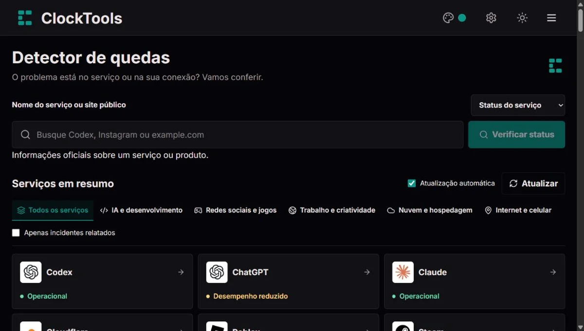 Down Detector do ClockTools com busca, atualização e cartões de serviços populares