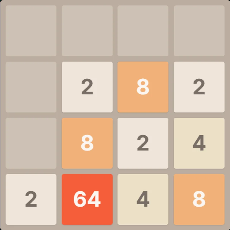 Een 2048-bord van ClockTools met genummerde tegels in de klassieke kleuren