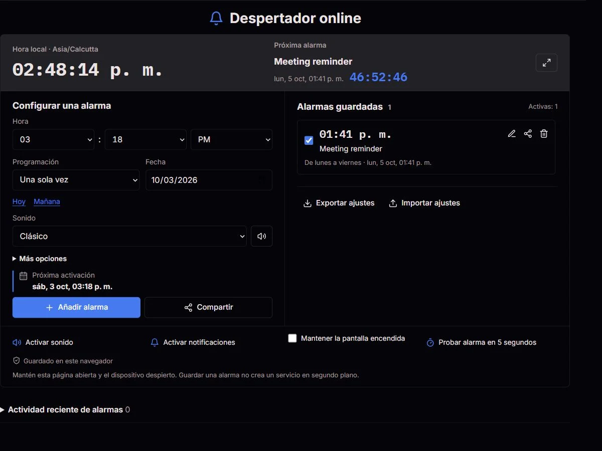 Despertador de ClockTools con programación por días y lista de próximas alarmas