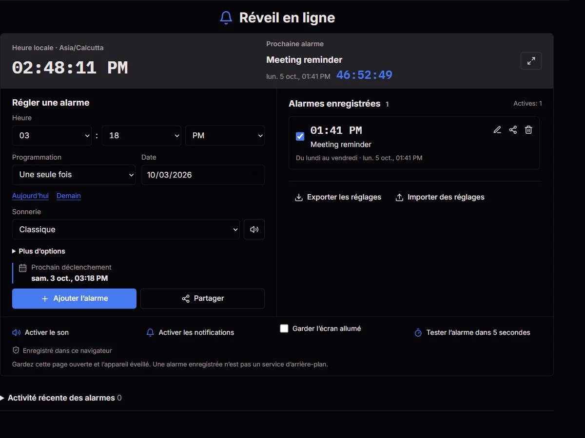Réveil ClockTools avec choix des jours et liste des alarmes à venir