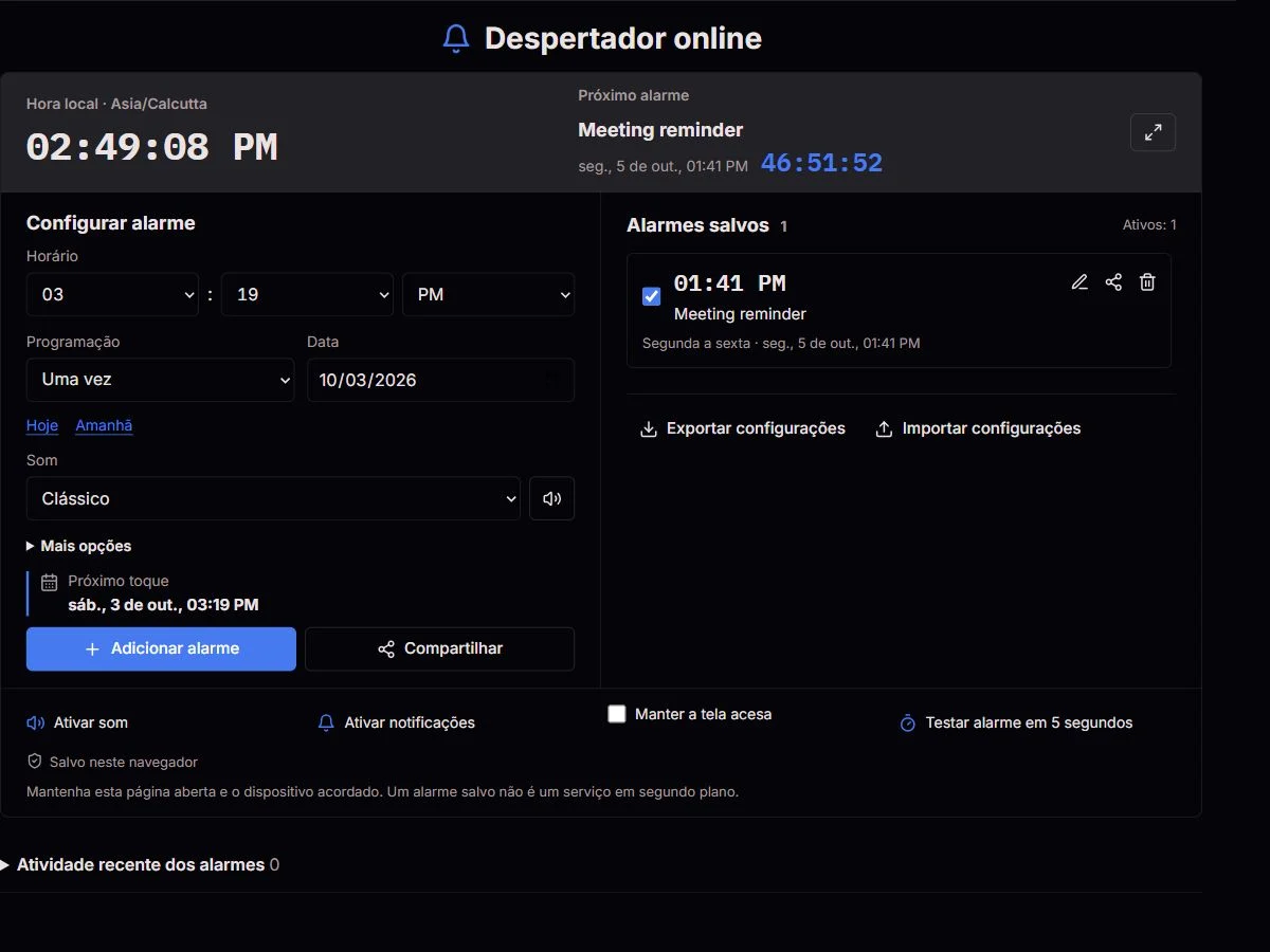 Despertador ClockTools com programação por dias e lista de próximos alarmes