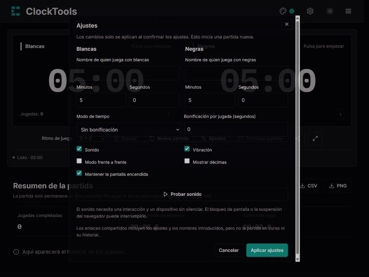 Ajustes del reloj con reservas individuales, incremento y opciones de pantalla