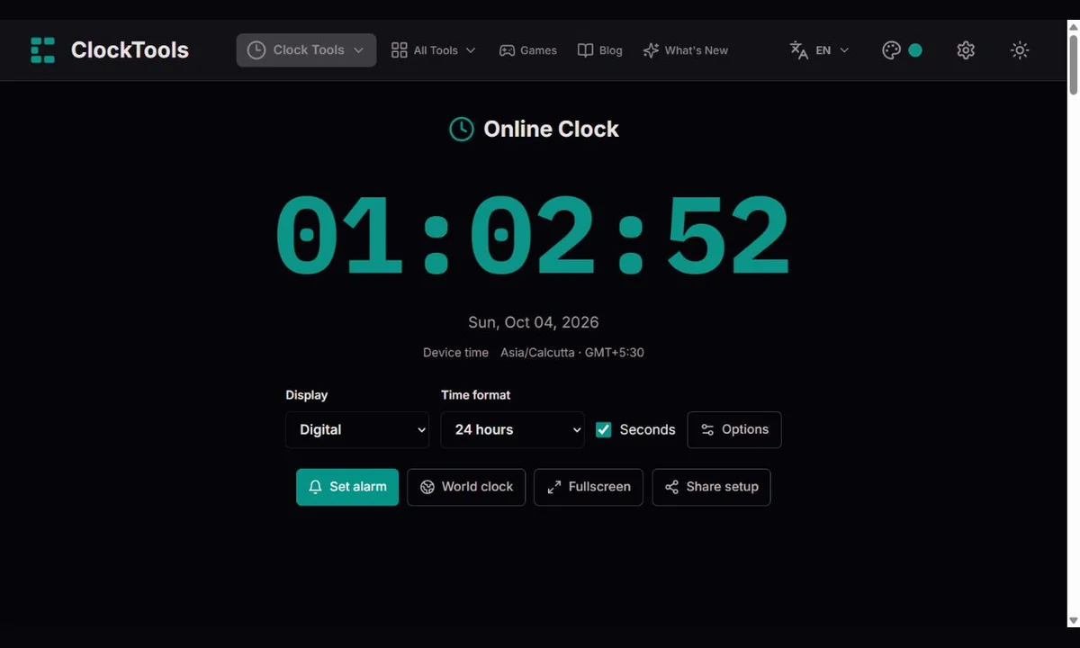 ClockTools digital clock with 12/24-hour, seconds and display controls