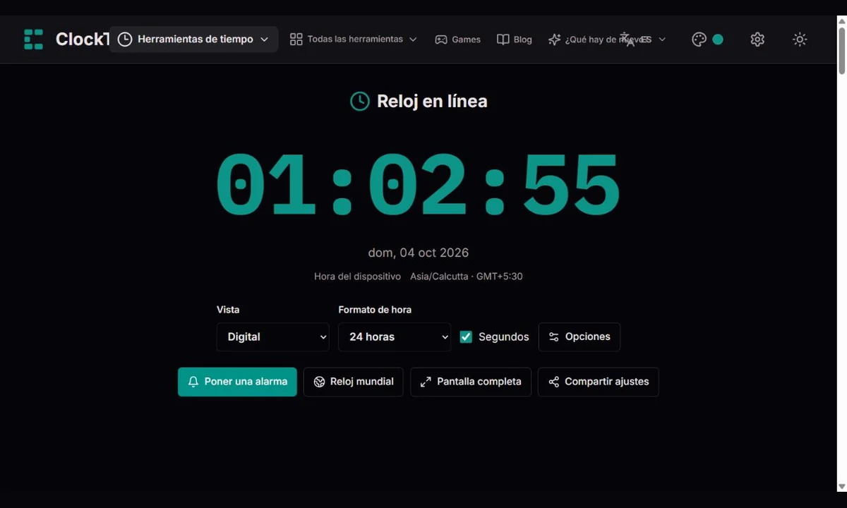 Reloj digital de ClockTools con controles de 12/24 horas, segundos y vista