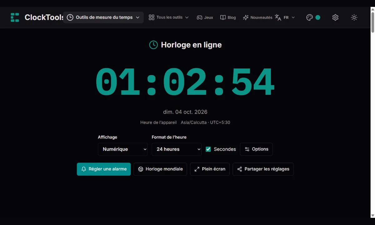 Horloge numérique ClockTools avec format 12/24 heures et commandes d’affichage