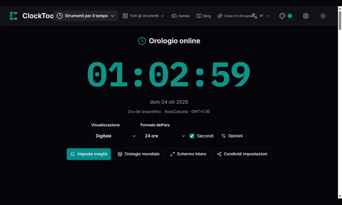 Orologio digitale ClockTools con controlli 12/24 ore, secondi e visualizzazione