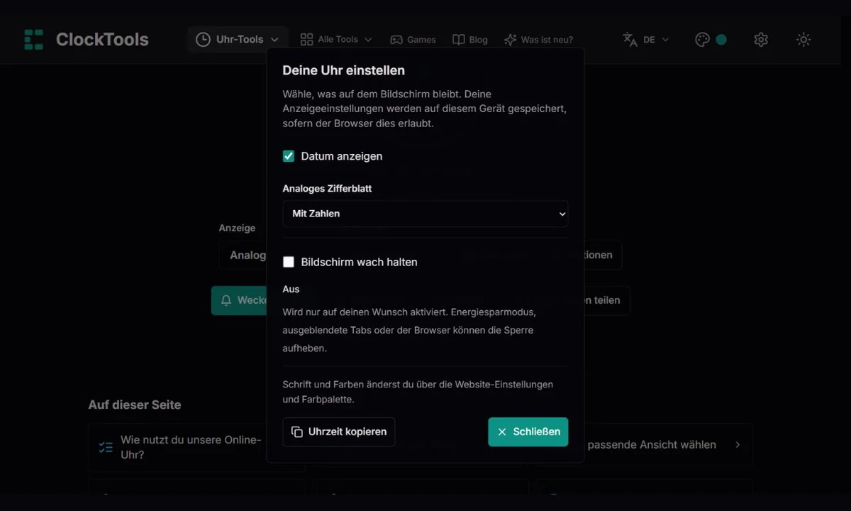Optionen der ClockTools-Analoguhr mit Zifferblättern und Wachhalte-Status