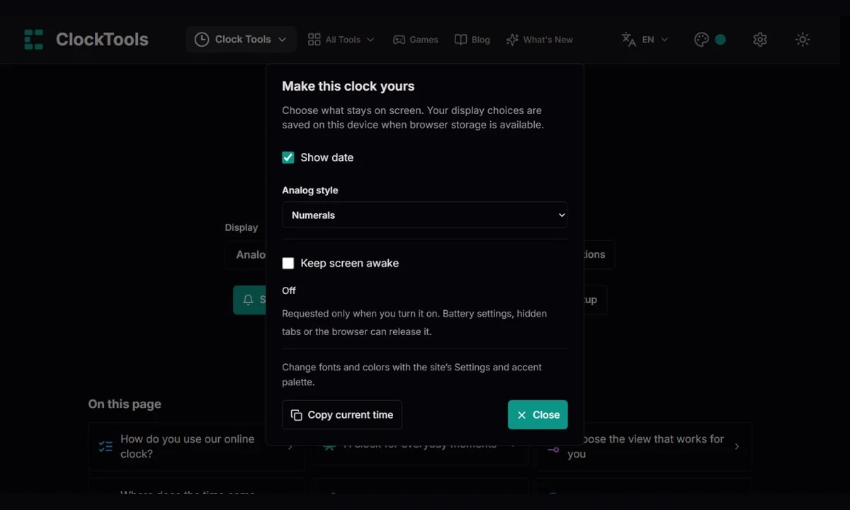 ClockTools analog clock options with face styles and screen-awake status