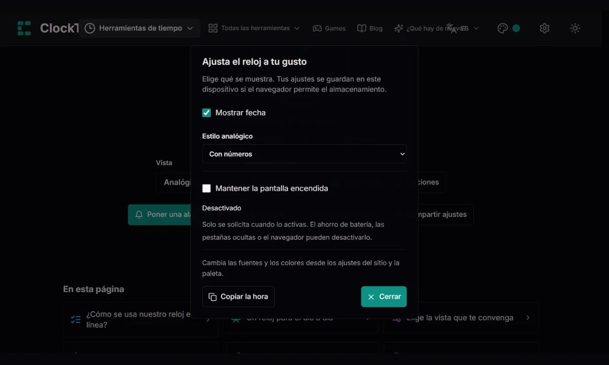 Opciones del reloj analógico ClockTools con estilos y estado de pantalla encendida