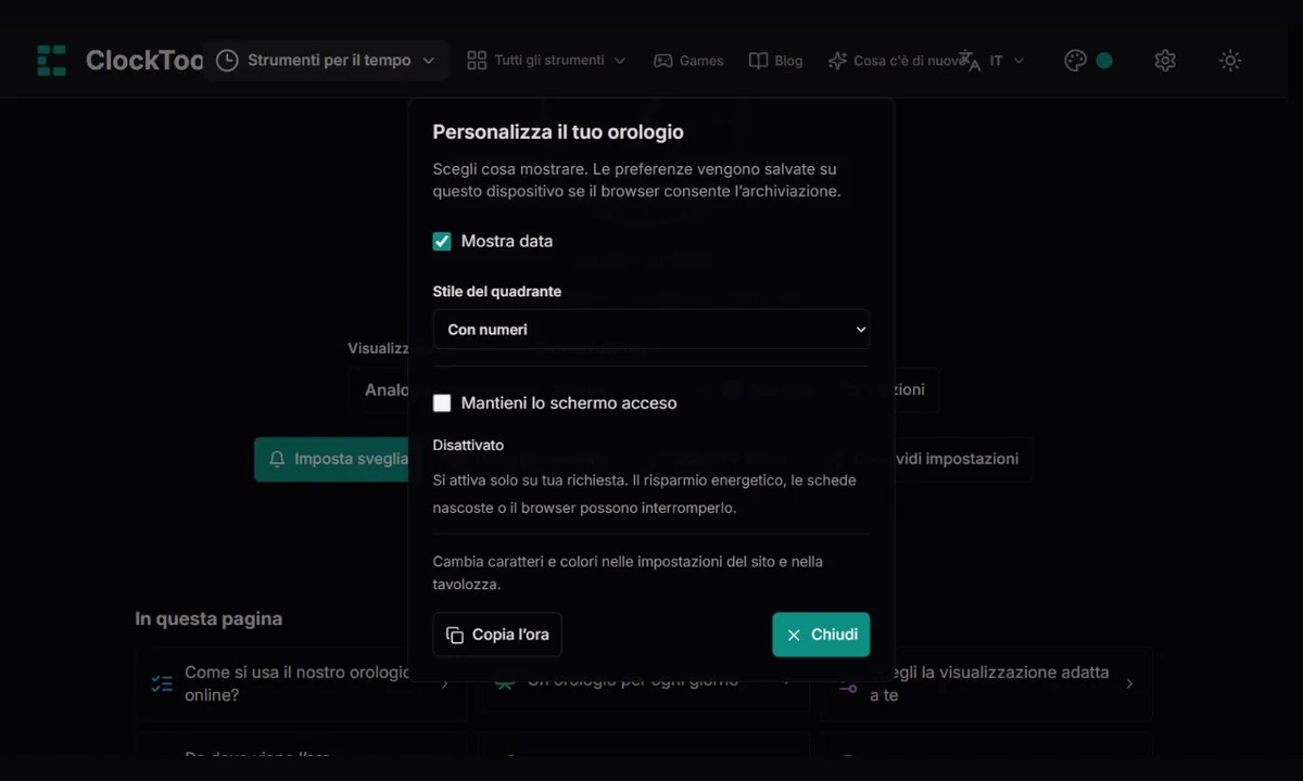 Opzioni dell’orologio analogico ClockTools con quadranti e stato dello schermo