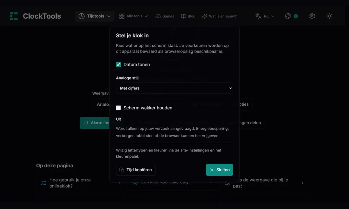 Opties van de analoge ClockTools-klok met wijzerplaten en schermstatus