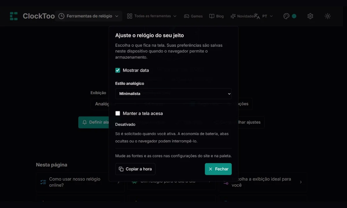 Opções do relógio analógico ClockTools com estilos e estado da tela acesa