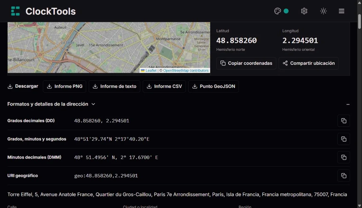 Formatos adicionales y controles de descarga de coordenadas en ClockTools