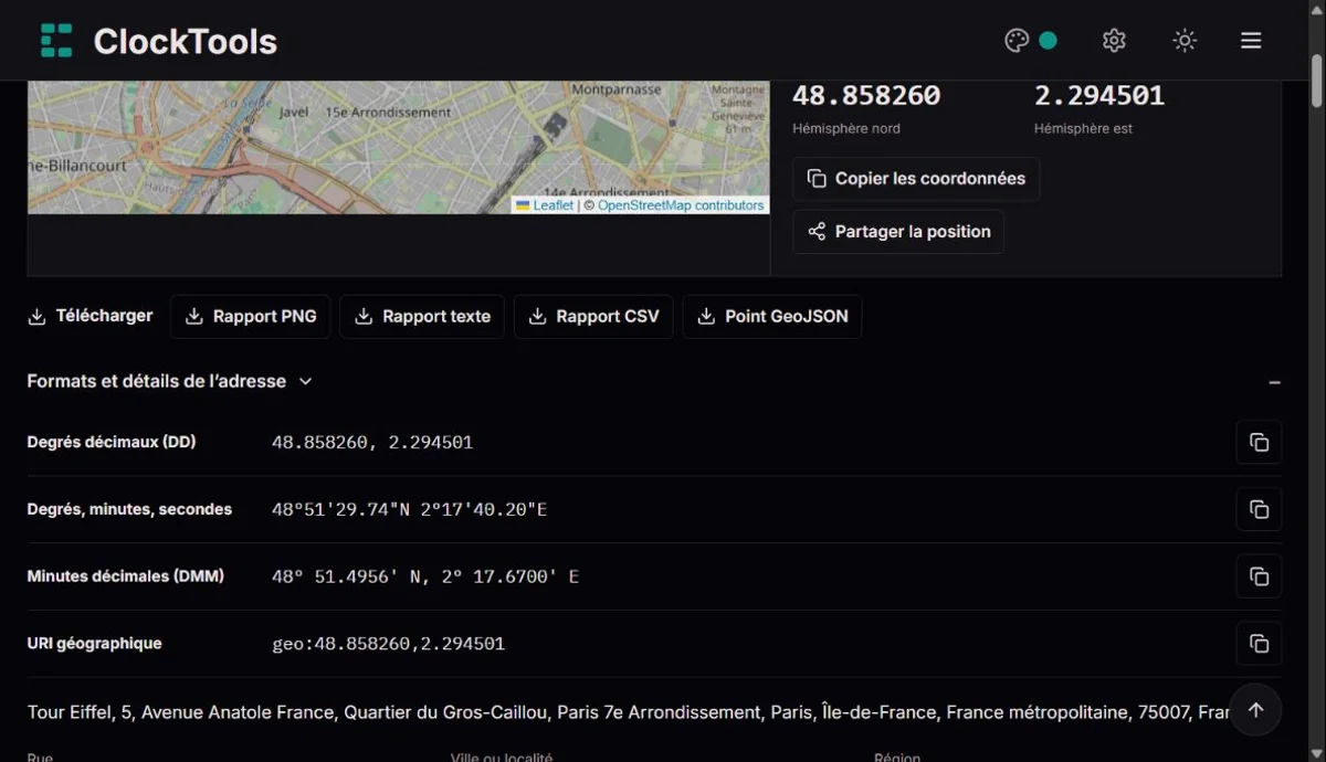 Formats de coordonnées supplémentaires et téléchargements dans ClockTools