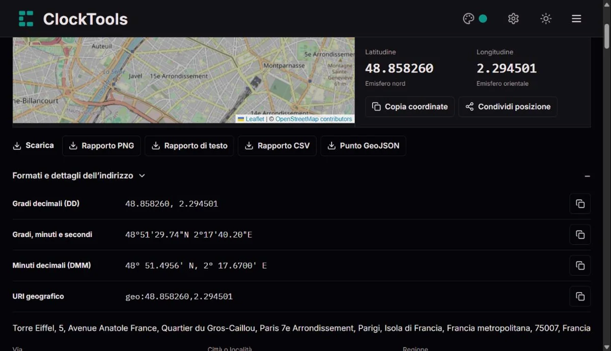 Formati aggiuntivi e download delle coordinate in ClockTools