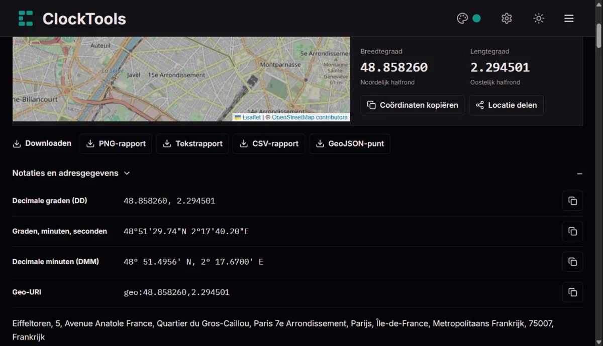 Extra coördinatennotaties en downloadopties in ClockTools