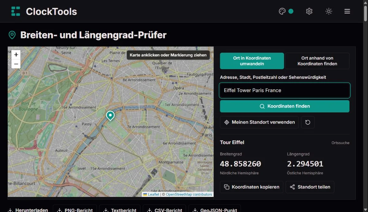 ClockTools-Koordinatenwerkzeug mit einer Sehenswürdigkeit auf der Karte