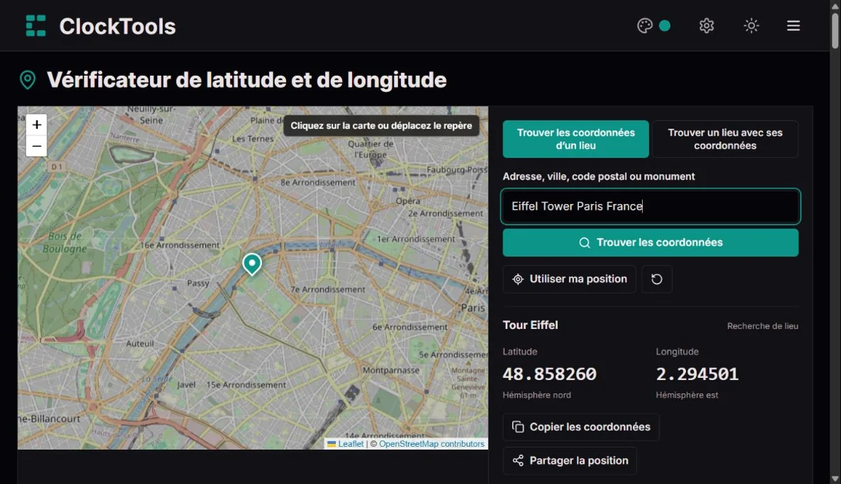 Vérificateur ClockTools avec un monument public sélectionné sur la carte