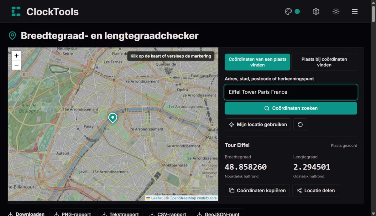 ClockTools-coördinatenchecker met een openbaar herkenningspunt op de kaart