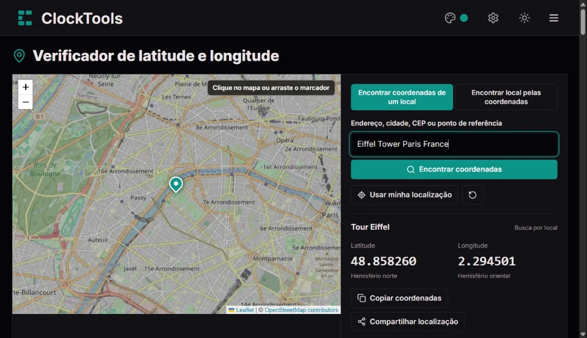 Verificador ClockTools com um ponto público selecionado no mapa