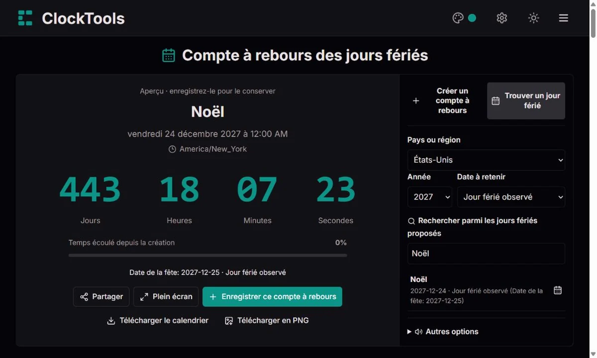 Sélection des dates de fête et des jours fériés observés pour une région