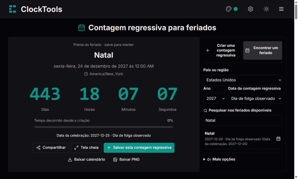 Seleção de datas de celebração e dias observados por região