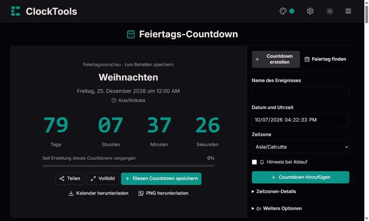 ClockTools-Feiertags-Countdown mit großer Anzeige und danebenliegenden Eingabefeldern