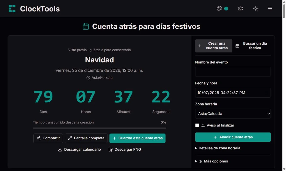 Cuenta atrás de ClockTools con pantalla amplia y controles de creación al lado